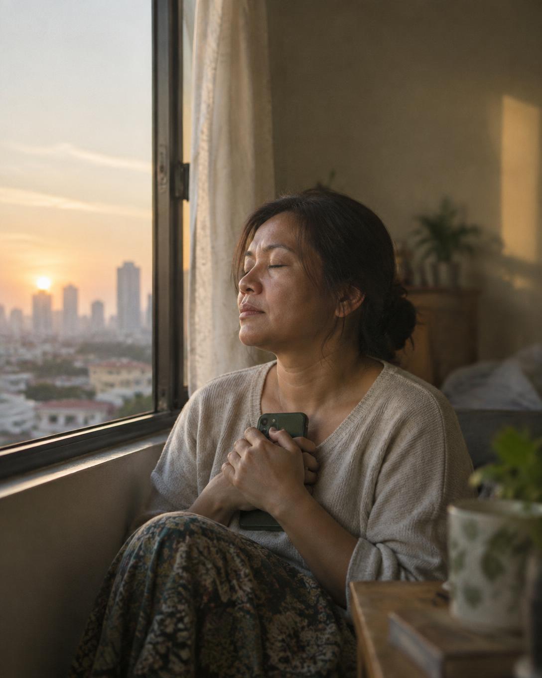 A quiet moment by the window at sunrise